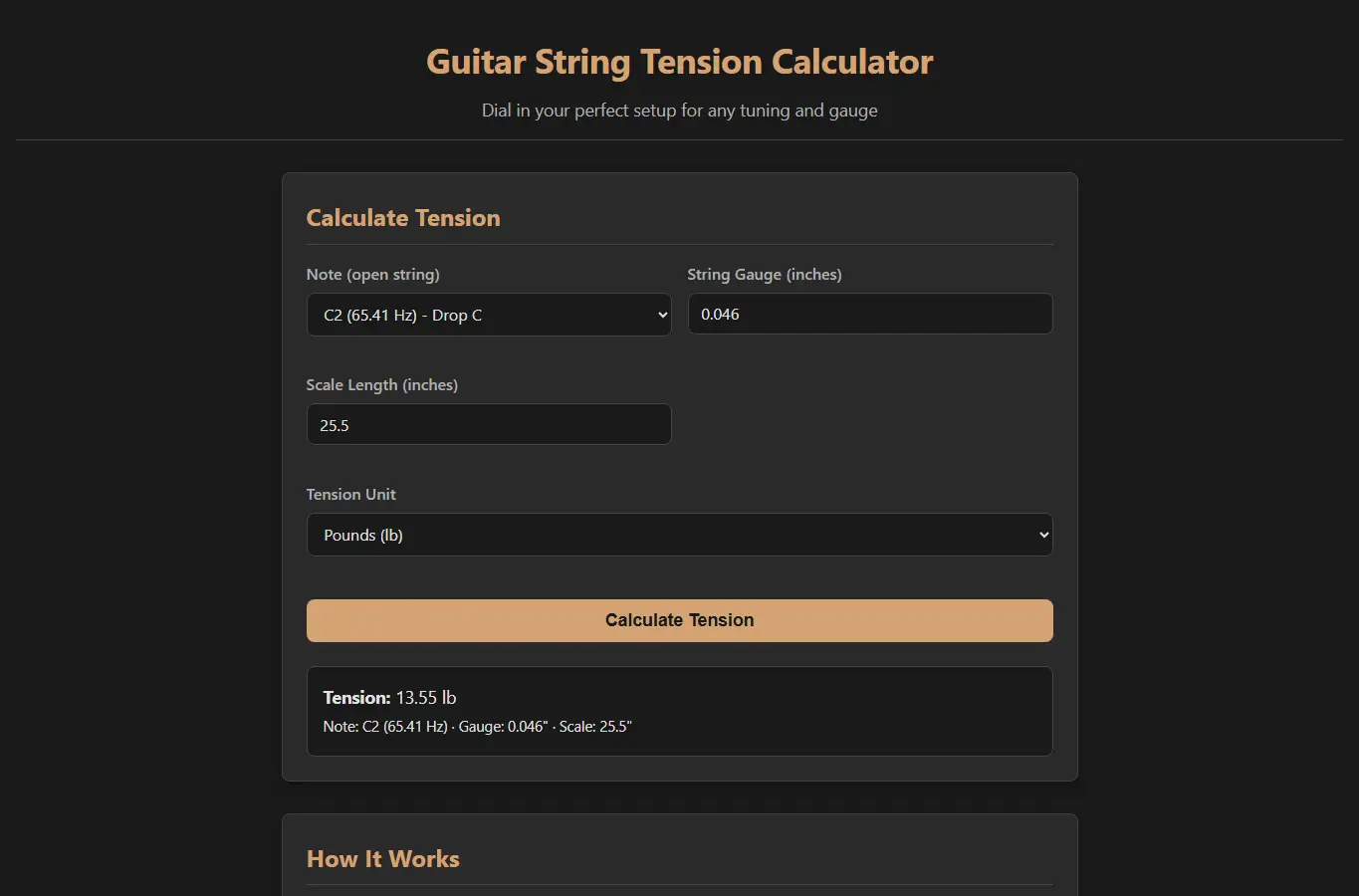 Screenshot of Guitar String Tension Calculator interface showing the project page in use
